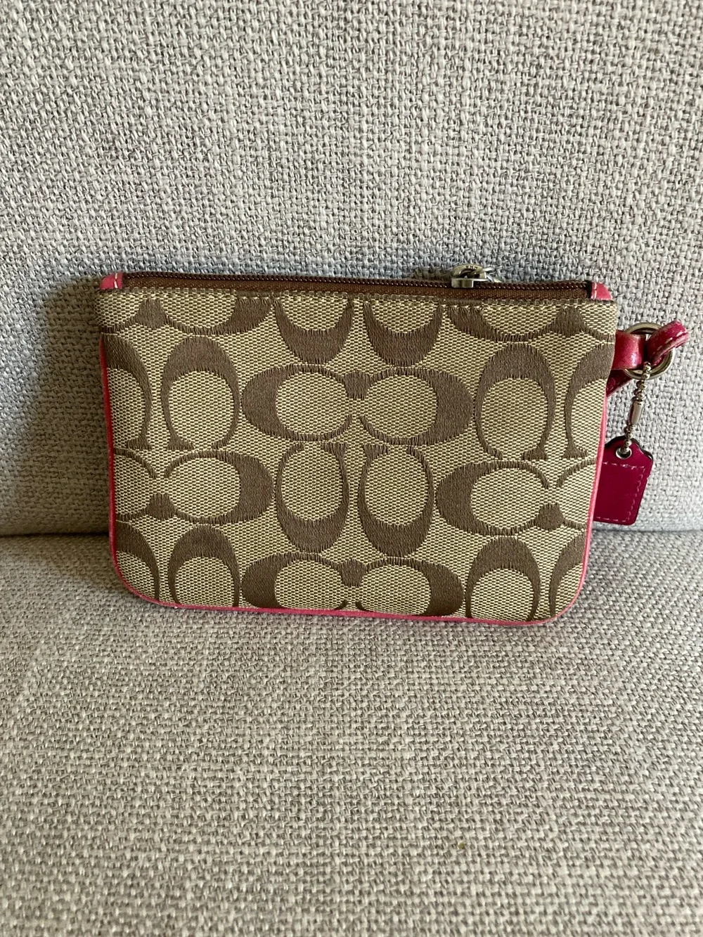 Coach Brown Signature Canvas Wristlet with Pink Leather Trim